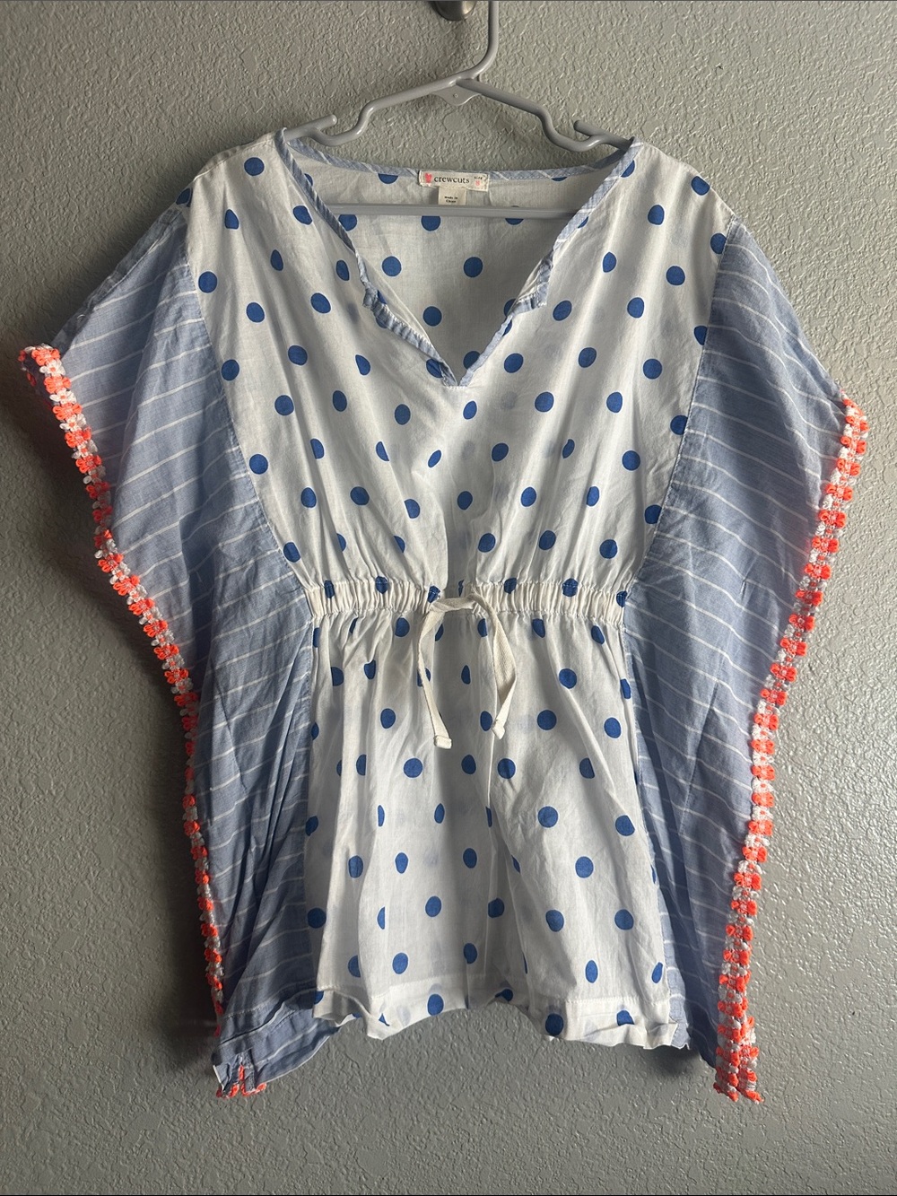 Crewcuts White and Blue Polka Dot Kids Swim Coverup with Coral Trim